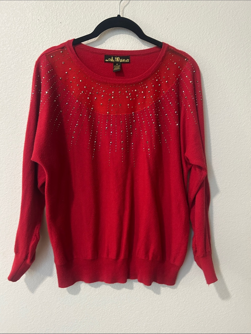 La Belle Red Crewneck Sweater with Radiant Stud Detail